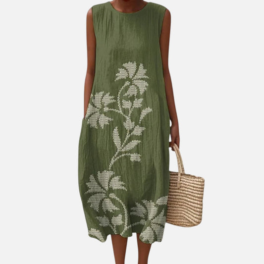 Ellen | Ärmelloses Sommerkleid in Oliv mit Blattranken