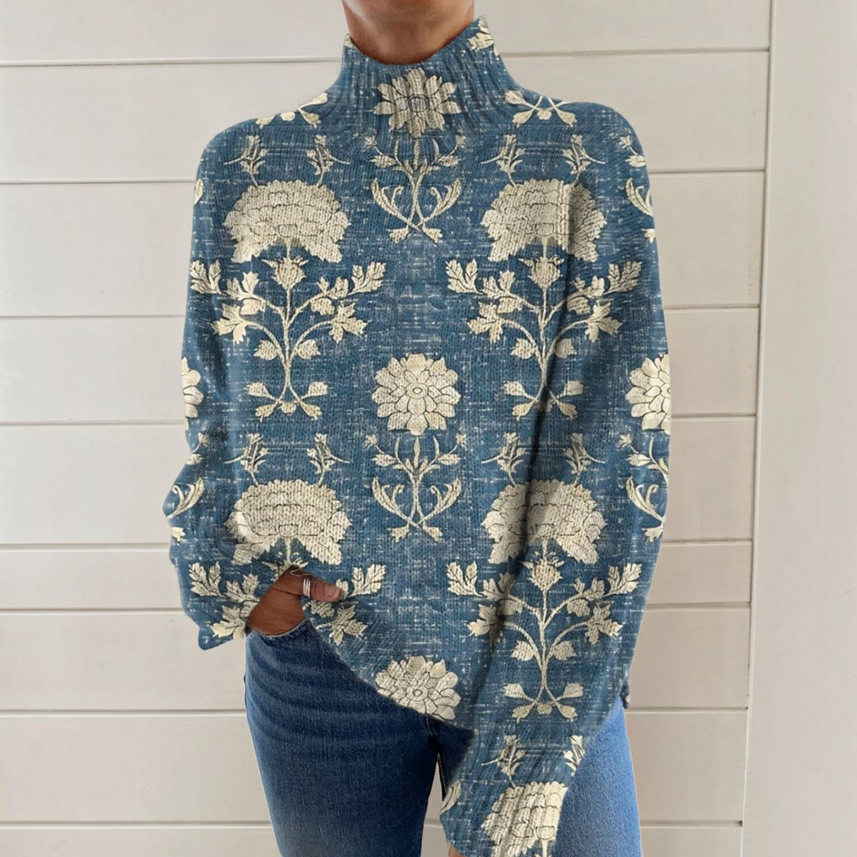 Susan | Blauer Rollkragenpullover mit klassischem Blumenmuster
