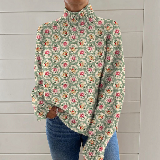 Diane | Cremefarbener Rollkragenpullover mit kleinen Blüten