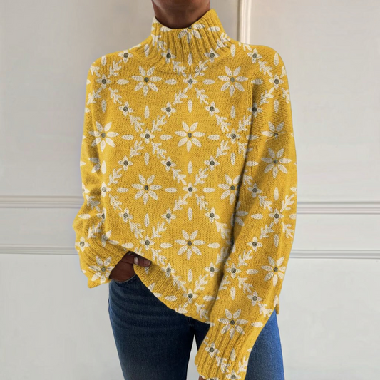 Helen | Senfgelber Rollkragenpullover mit Blumenmuster