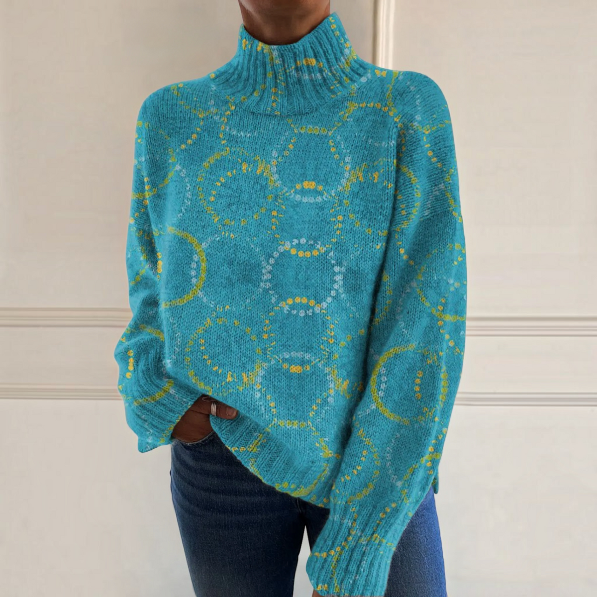 Julie | Türkiser Rollkragenpullover mit Kreismuster