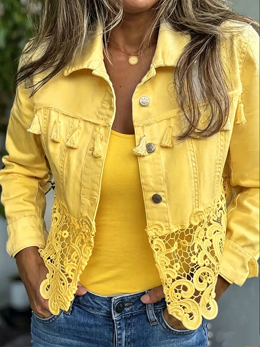 Susanne-Marie | Gelbe Jeansjacke mit Fransen & Spitze