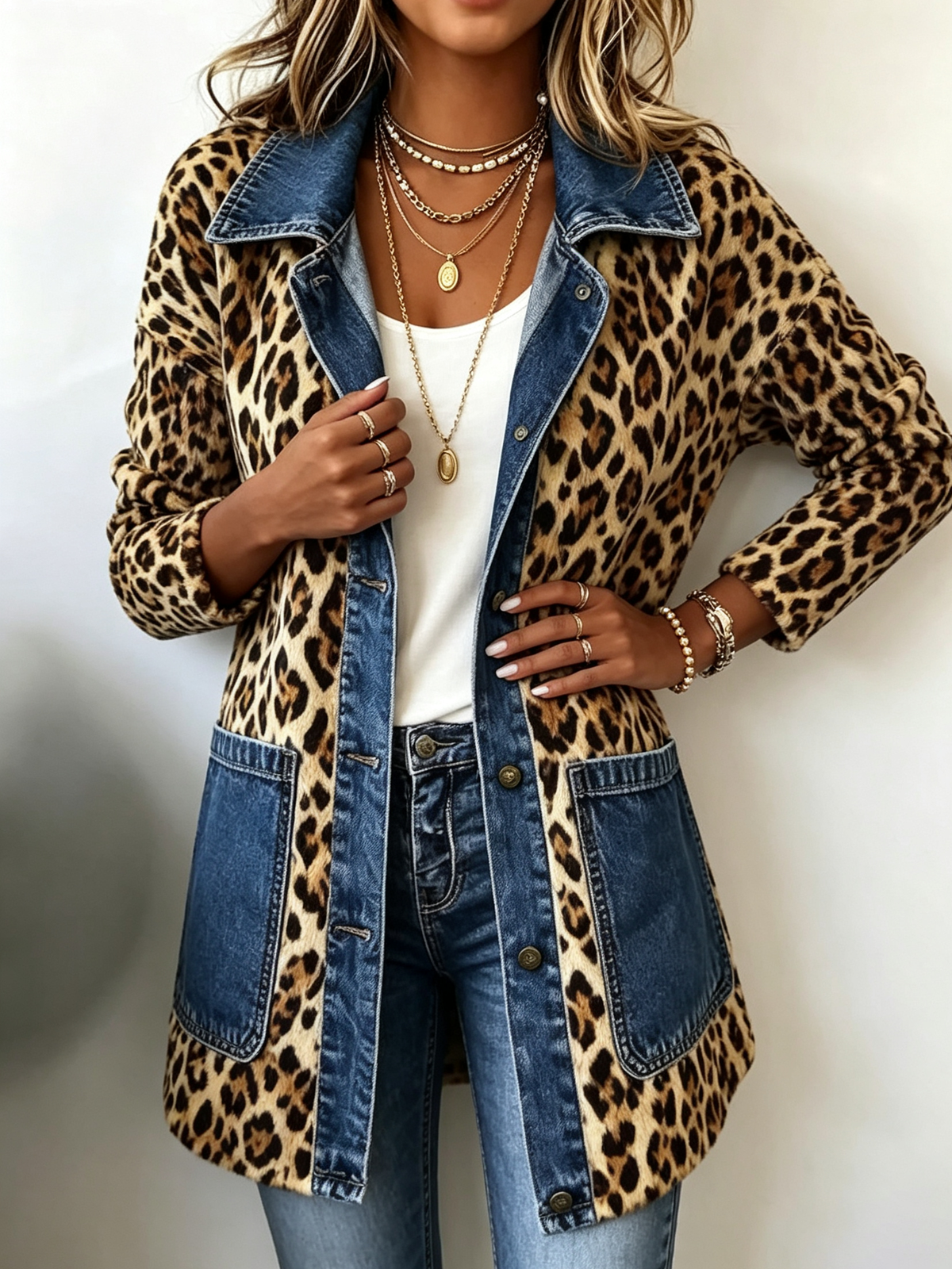 Marieke | Lange Jacke mit Leopardenmuster & Jeansdetails