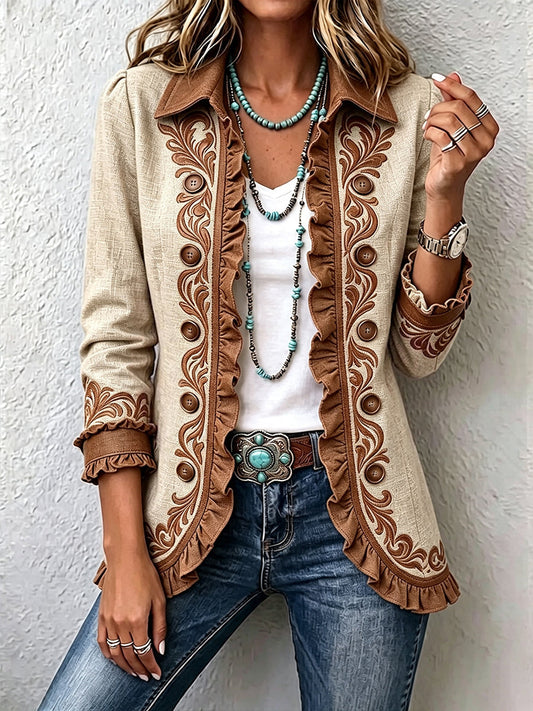 Mechthild-Marie | Vintage-Boho-Jacke mit Ornamentmuster & Rüschen