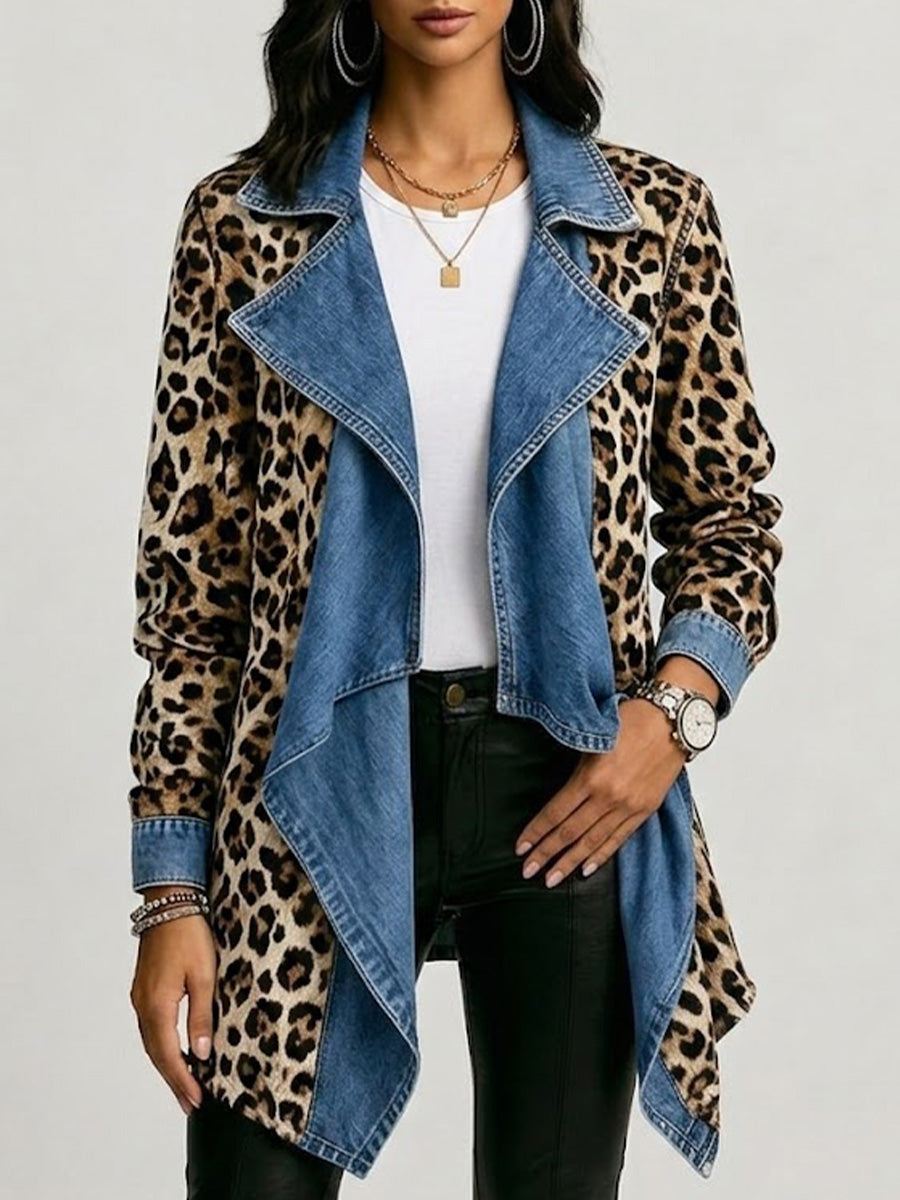 Lotte | Lange Jacke mit Leopardenmuster & Jeansdetails