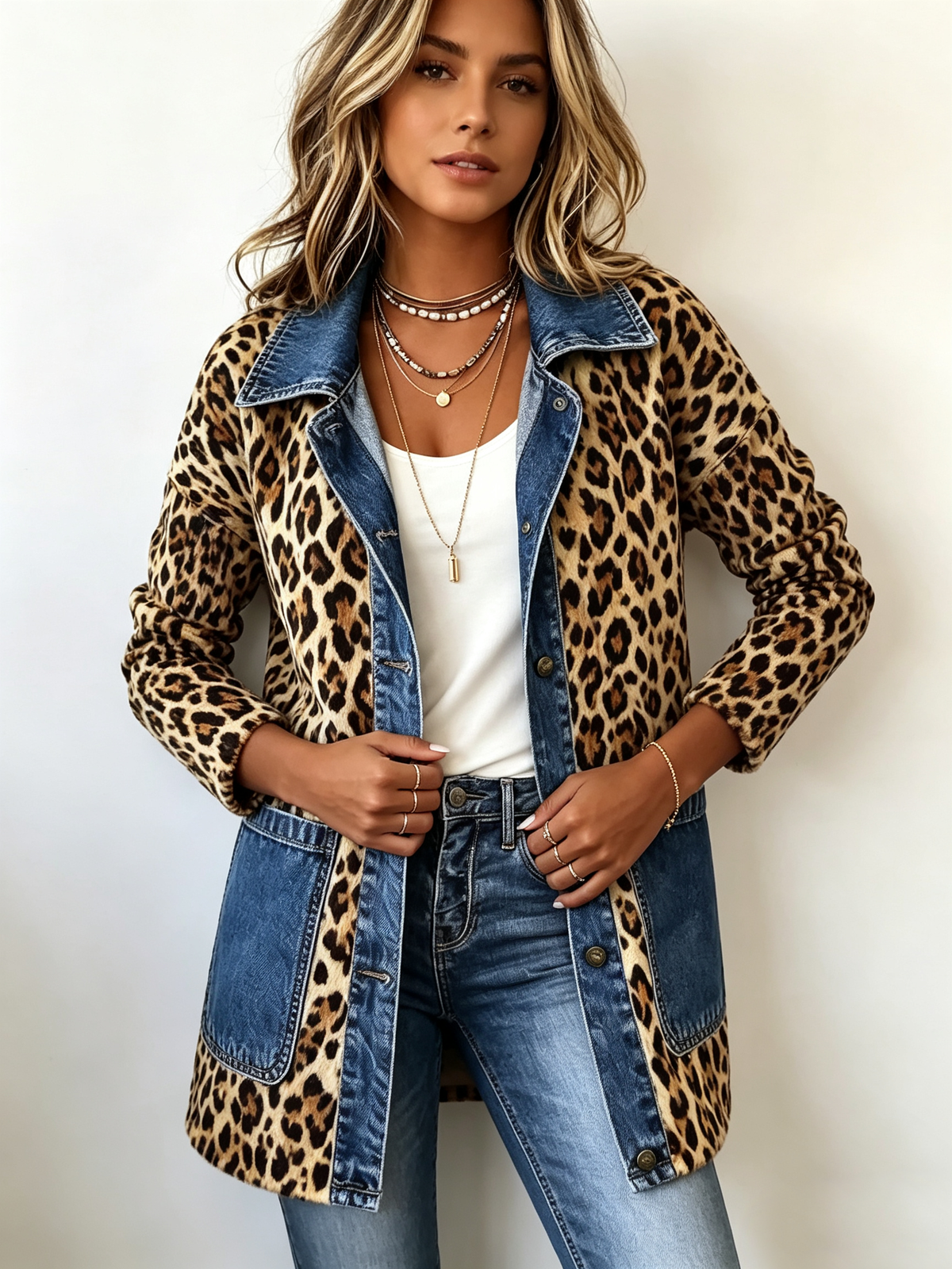 Marieke | Lange Jacke mit Leopardenmuster & Jeansdetails
