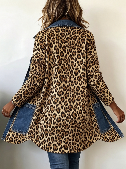 Marieke | Lange Jacke mit Leopardenmuster & Jeansdetails