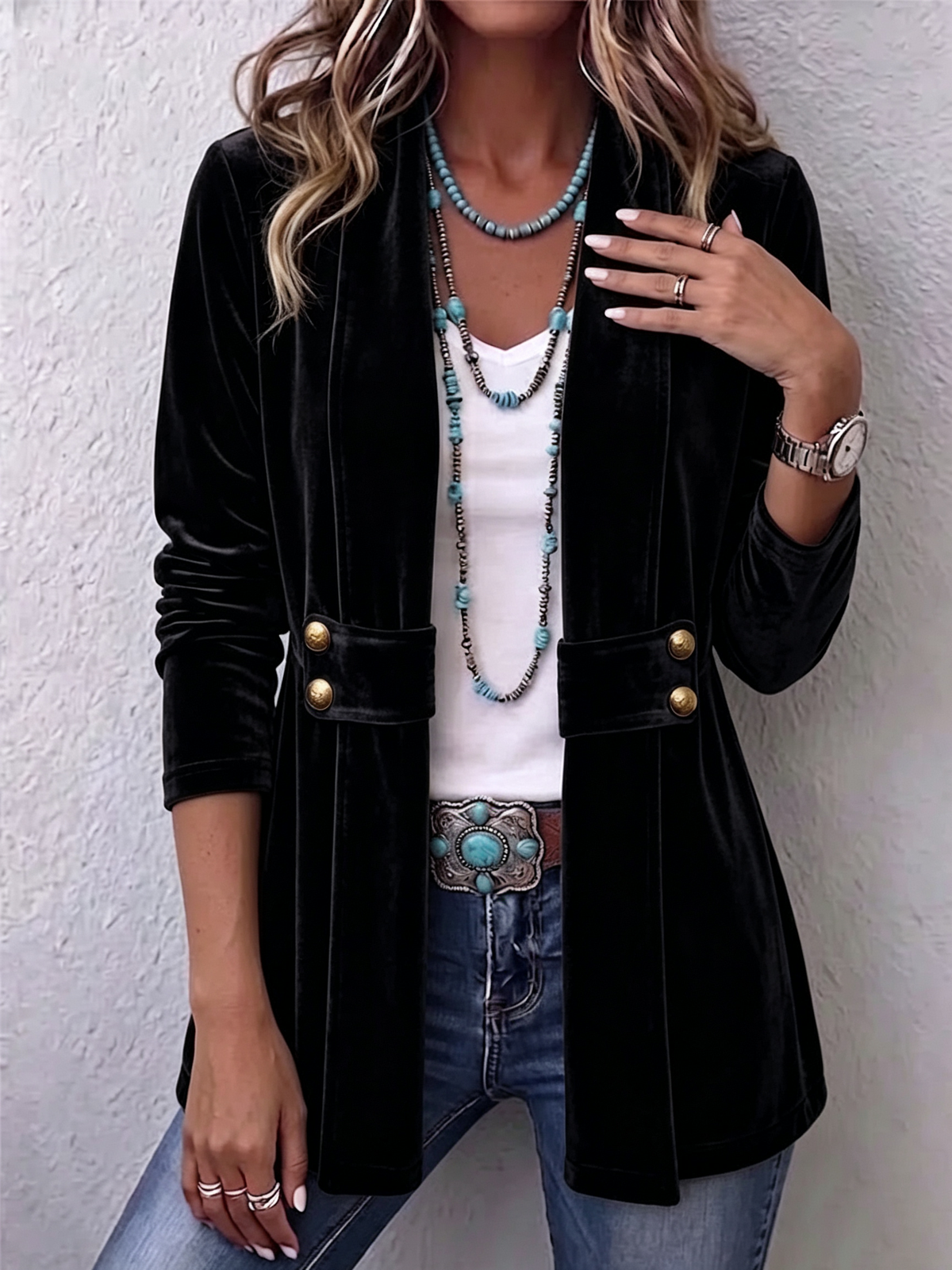 Wilhelmine-Marie | Langer Vintage-Samtblazer mit Knopfdetails