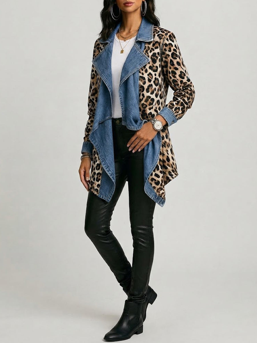 Lotte | Lange Jacke mit Leopardenmuster & Jeansdetails